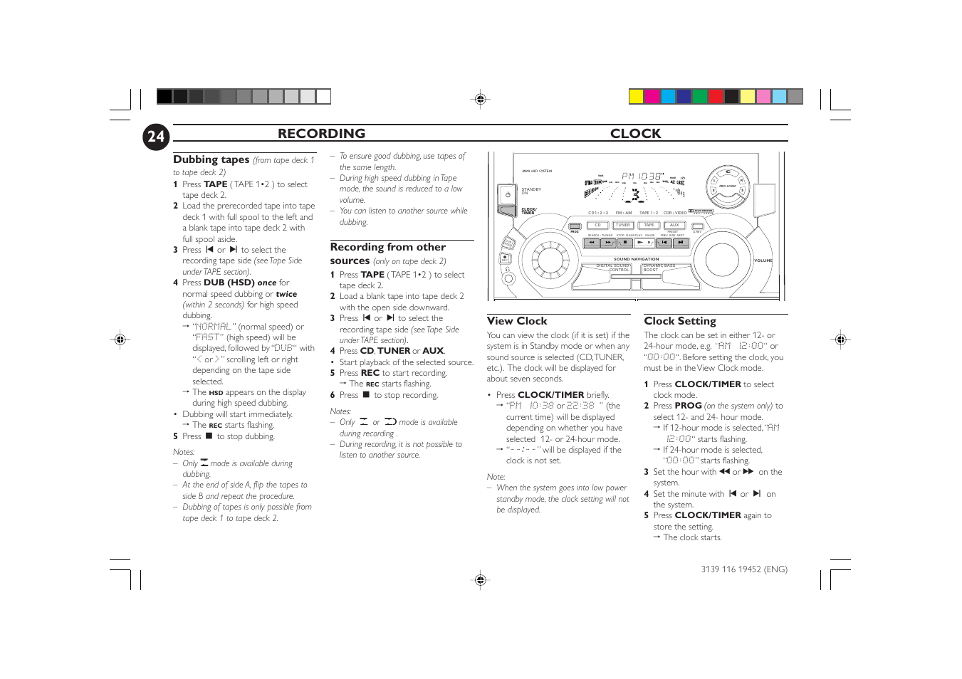 Recording clock, Dubbing tapes, View clock | Clock setting, Recording from other sources | Philips FW-P78 User Manual | Page 24 / 31
