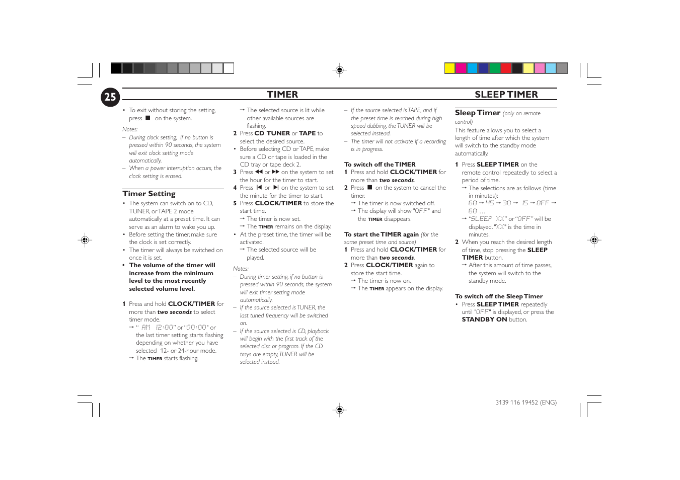 Timer sleep timer | Philips FW-P78 User Manual | Page 25 / 31