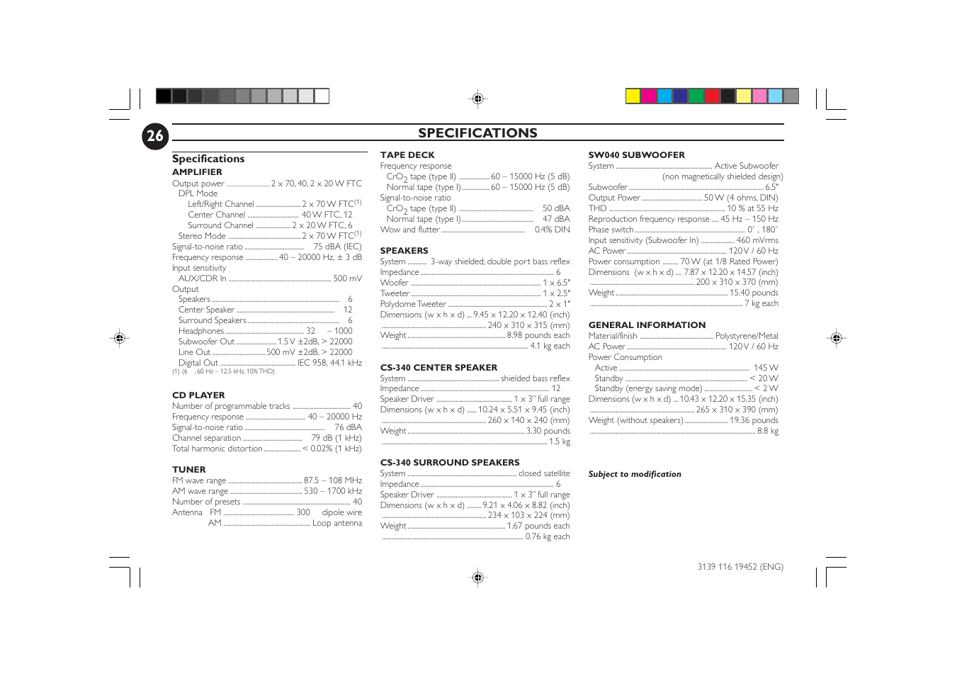 Specifications | Philips FW-P78 User Manual | Page 26 / 31