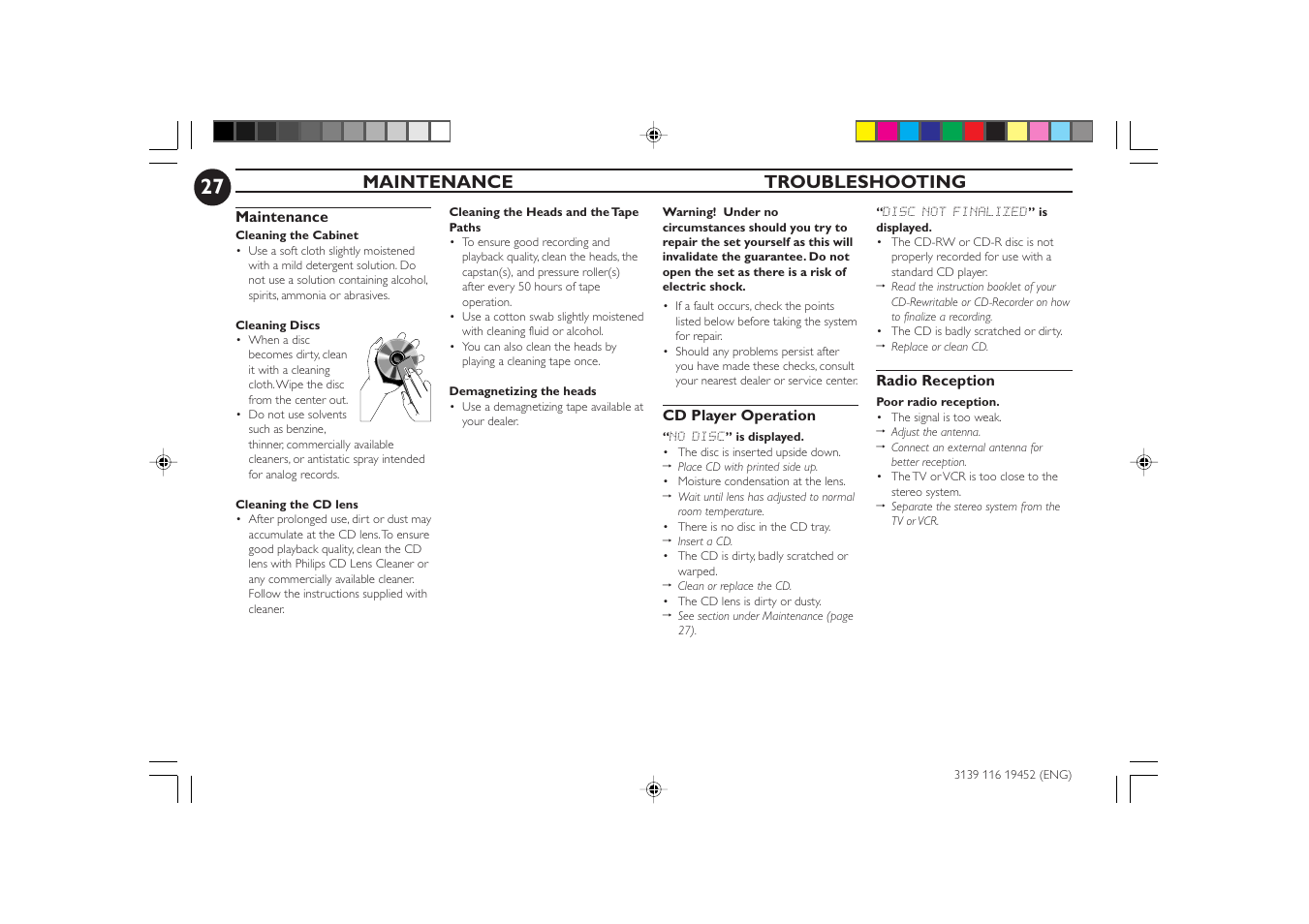 Maintenance troubleshooting | Philips FW-P78 User Manual | Page 27 / 31