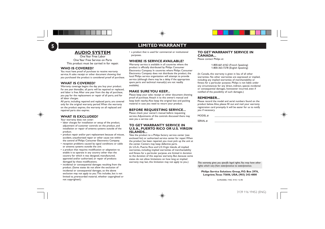 Limited warranty, Audio system | Philips FW-P78 User Manual | Page 5 / 31