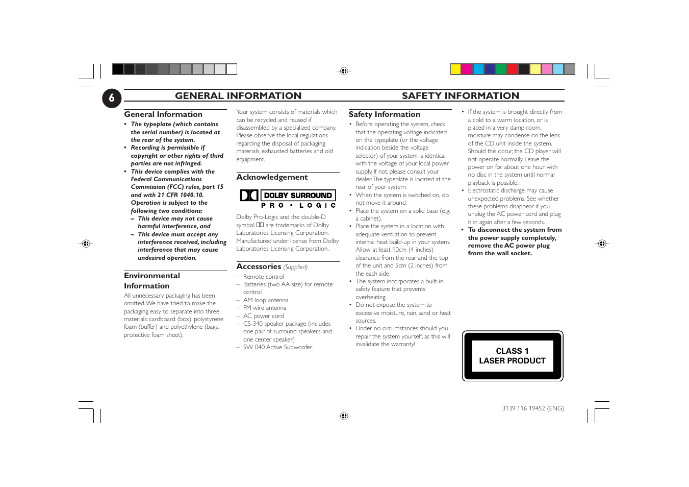 General information safety information | Philips FW-P78 User Manual | Page 6 / 31