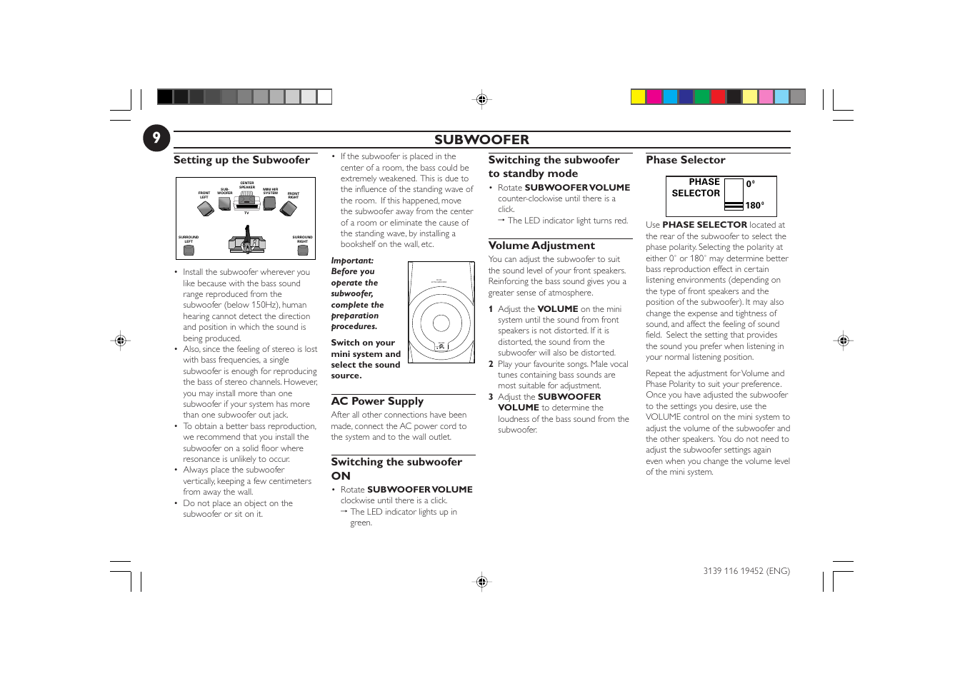 Standby volume sw 030 active subwoofer, Subwoofer | Philips FW-P78 User Manual | Page 9 / 31