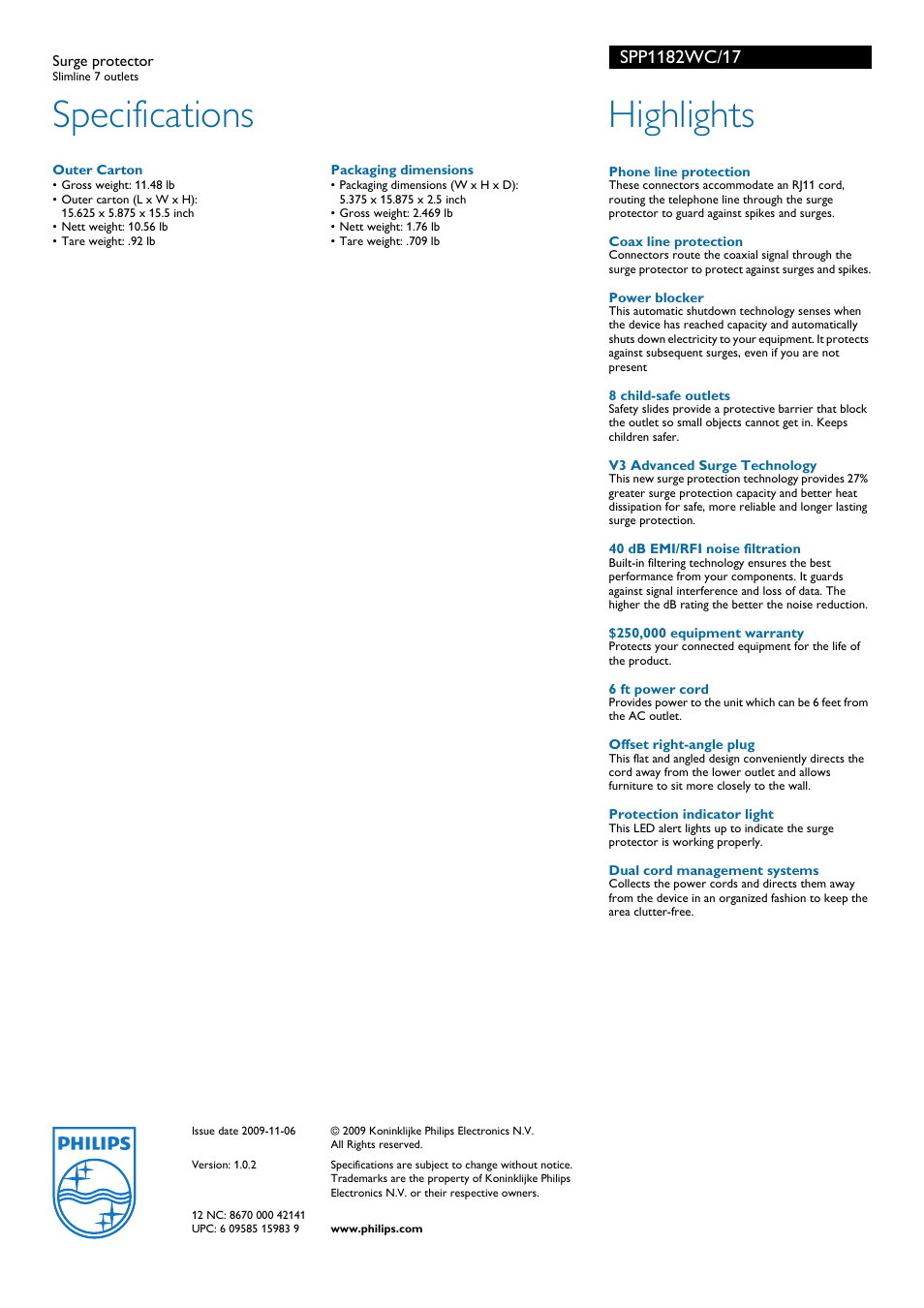 Specifications, Highlights | Philips SPP1182WC User Manual | Page 2 / 2