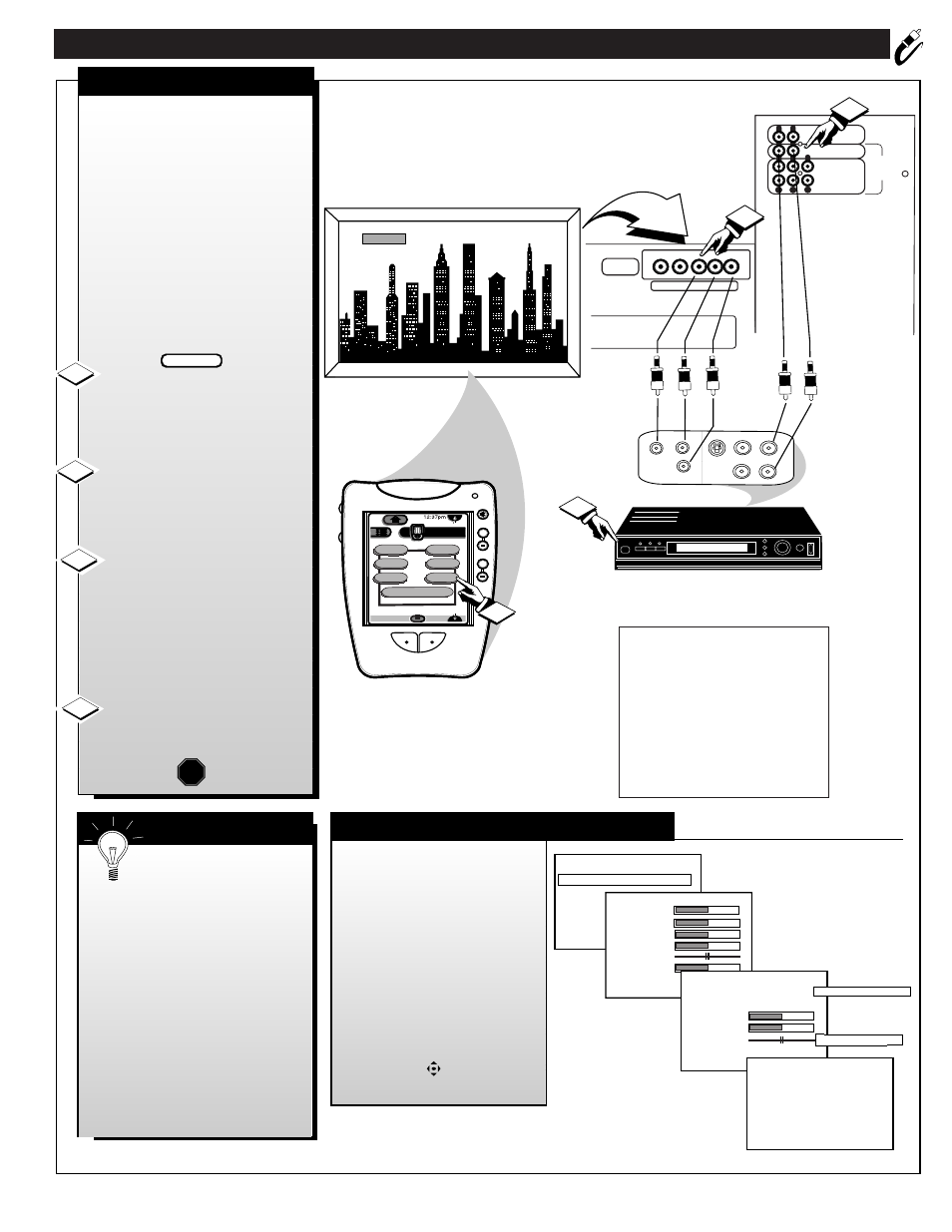 Dvd (c, Udio, Ideo | Omponent, Nput, Onnections, Dvd mode - menu functions, Component video inputs, Video out jacks from the dvd player to the (y p, Stop | Philips HD6400W User Manual | Page 33 / 60