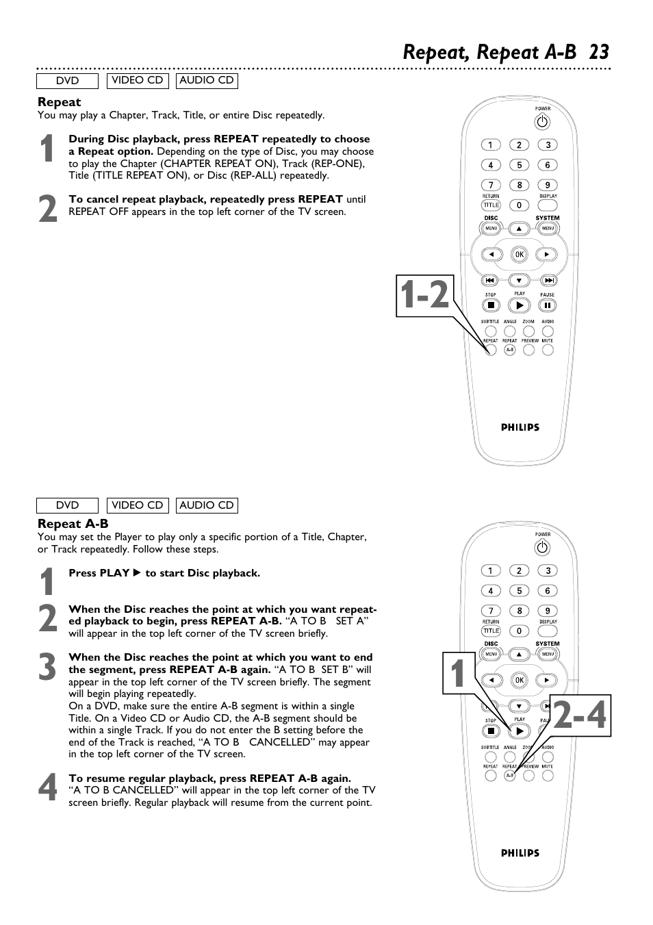 Repeat, repeat a-b 23 | Philips DVD615AT99 User Manual | Page 23 / 47