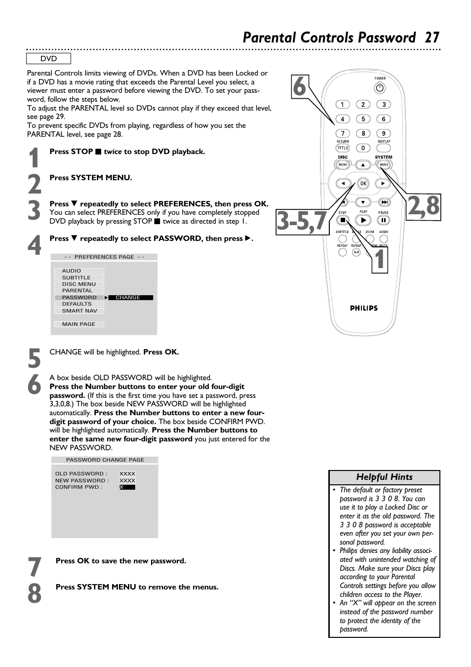 Parental controls password 27 | Philips DVD615AT99 User Manual | Page 27 / 47