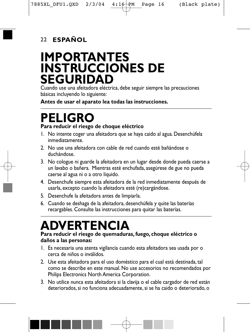 Importantes instrucciones de seguridad, Peligro, Advertencia | Philips 7886XL User Manual | Page 22 / 40