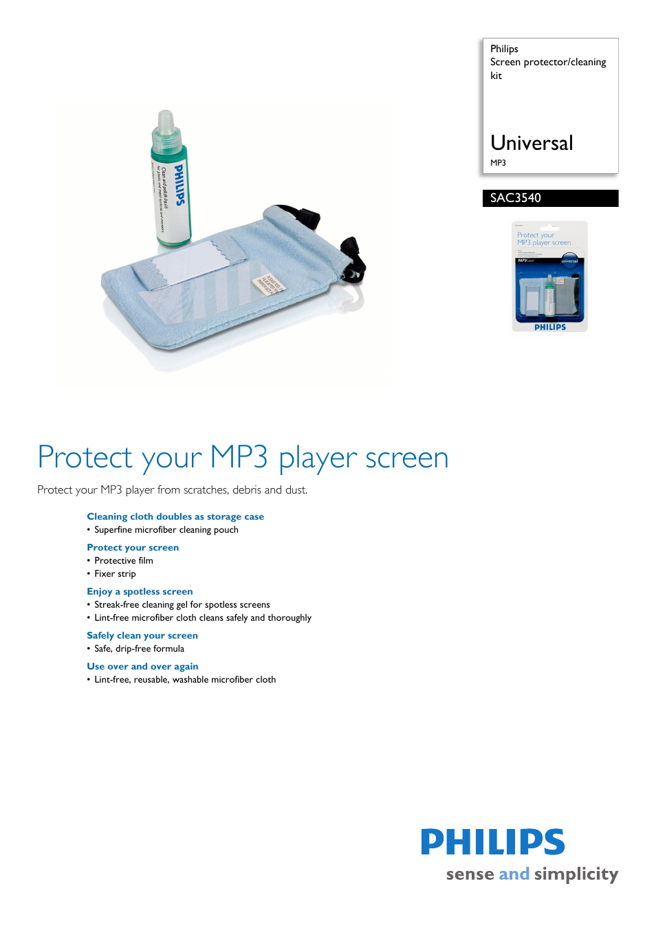 Philips SCREEN PROTECTOR/CLEANING KIT SAC3540 User Manual | 2 pages