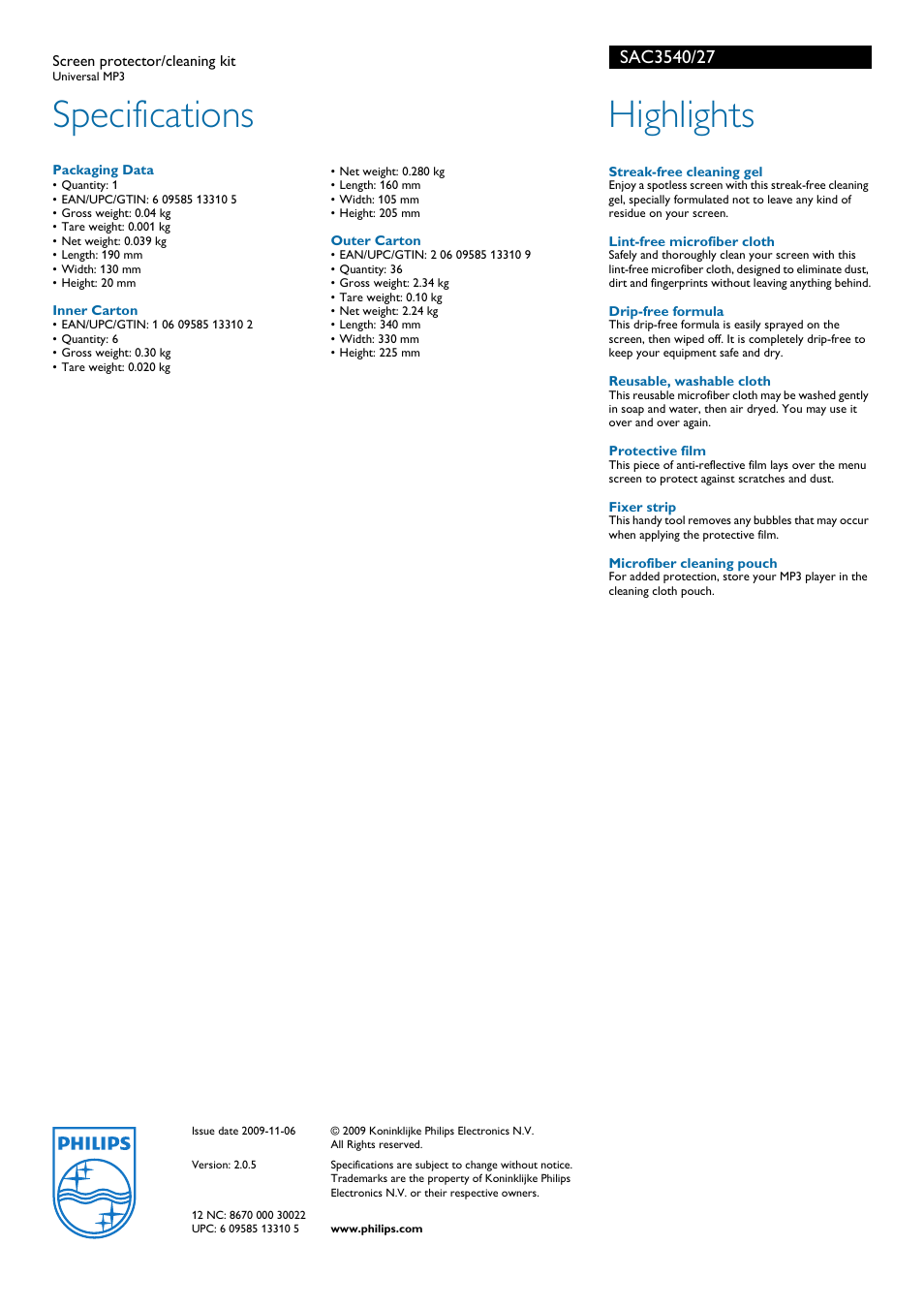 Specifications, Highlights | Philips SCREEN PROTECTOR/CLEANING KIT SAC3540 User Manual | Page 2 / 2