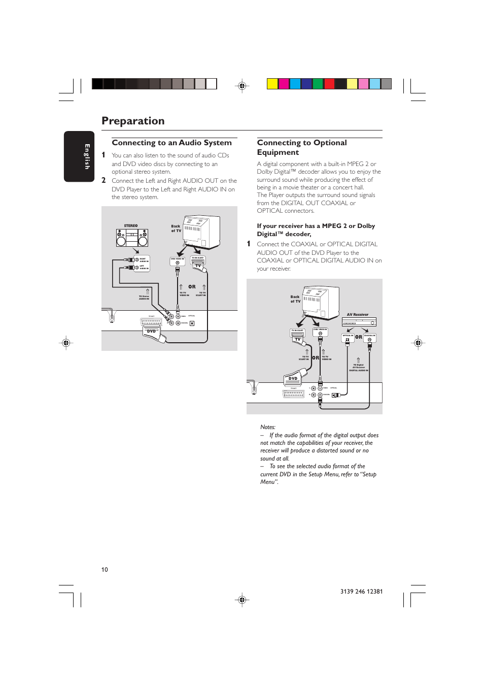 Preparation, Connecting to an audio system 1, Connecting to optional equipment | Philips DVD 728 User Manual | Page 10 / 30