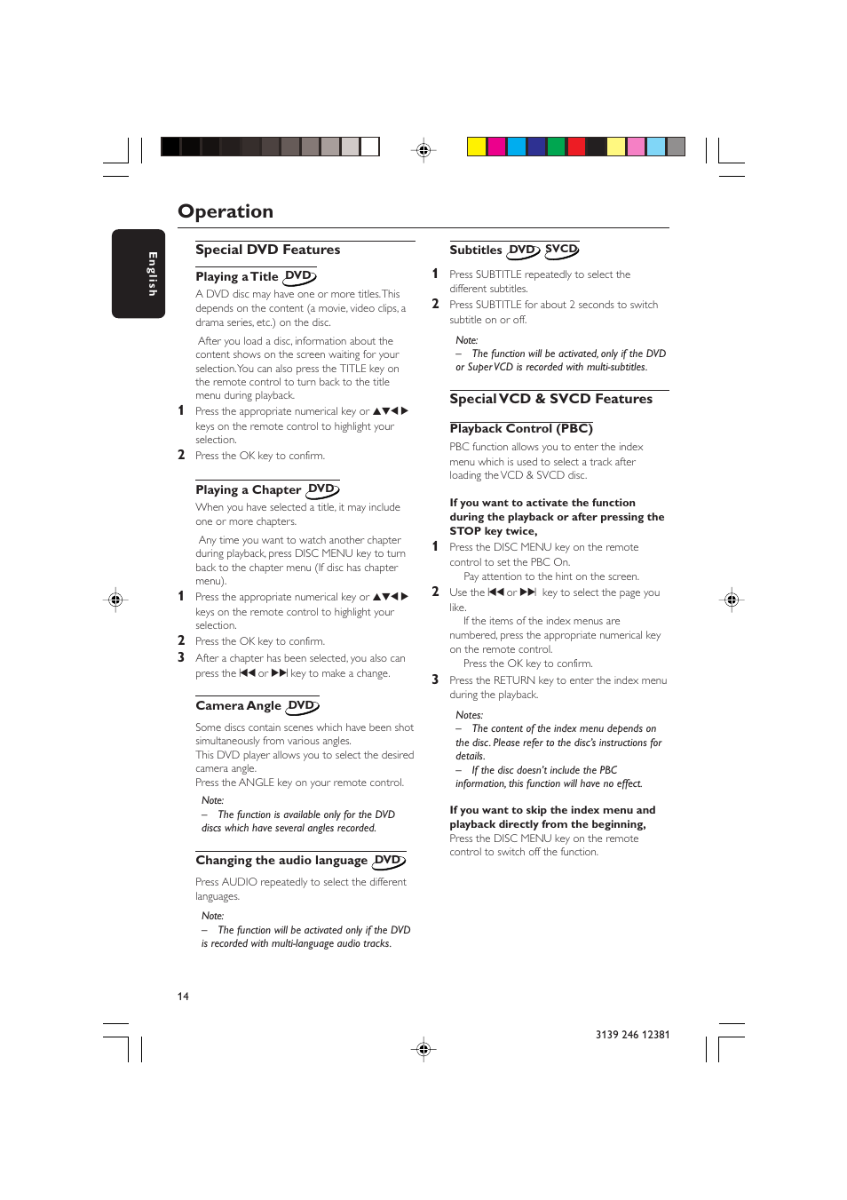 Operation | Philips DVD 728 User Manual | Page 14 / 30