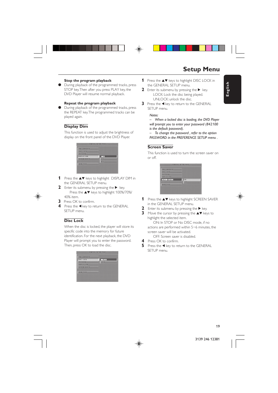 Setup menu | Philips DVD 728 User Manual | Page 19 / 30