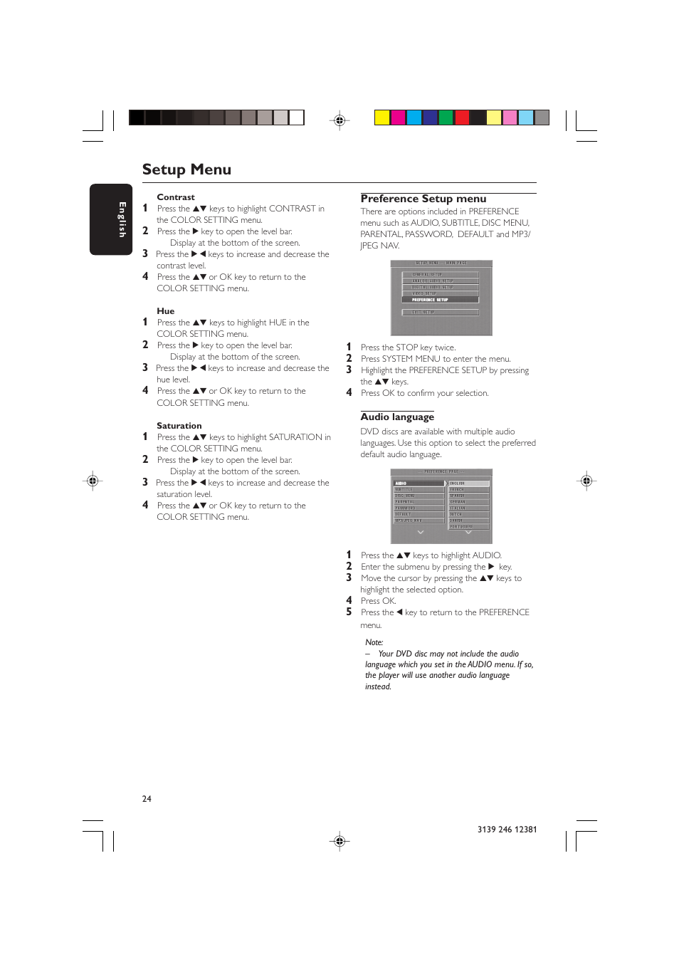 Setup menu | Philips DVD 728 User Manual | Page 24 / 30