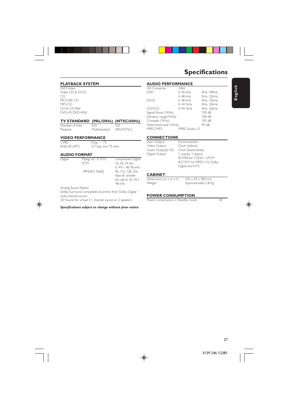 Specifications | Philips DVD 728 User Manual | Page 27 / 30