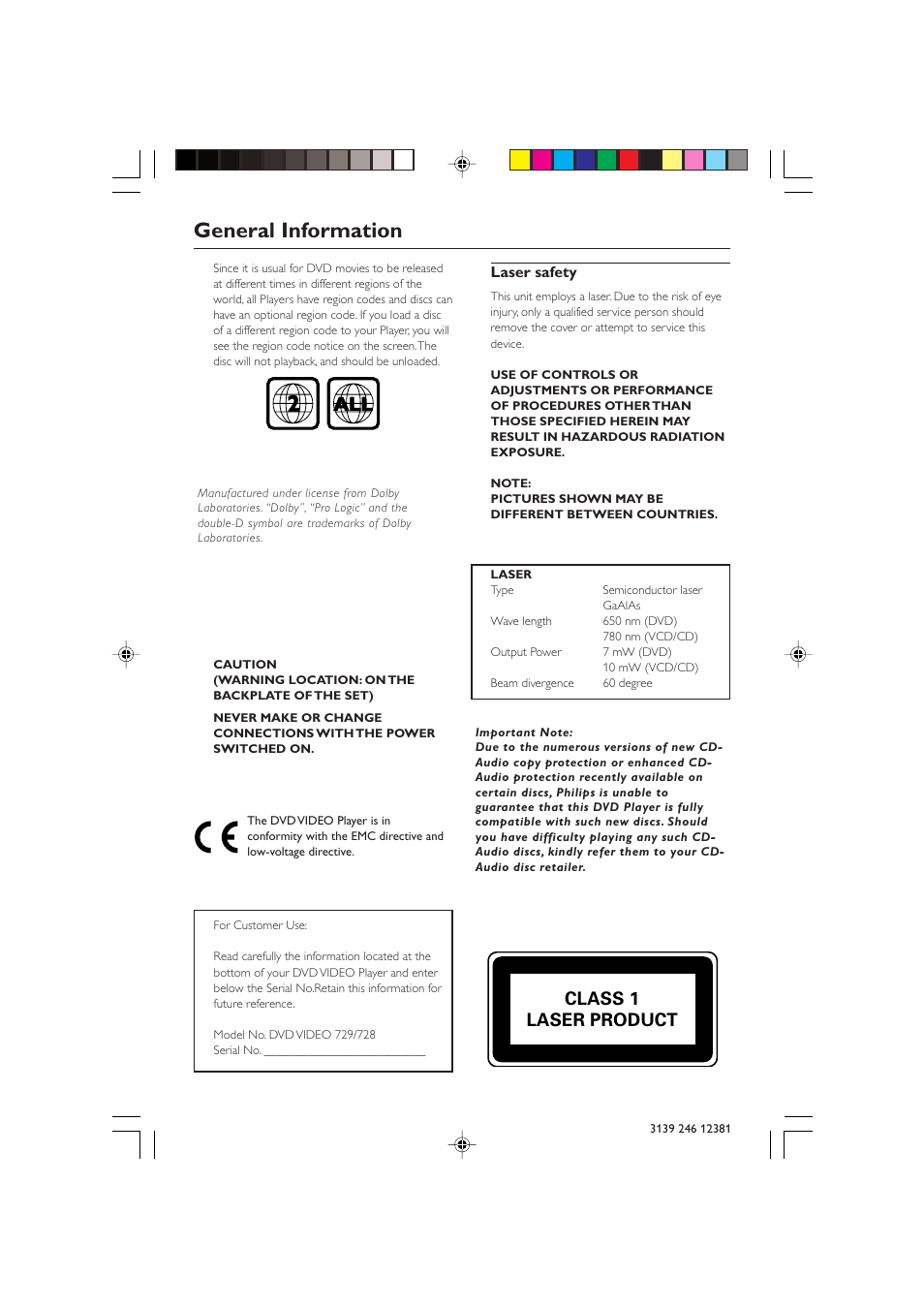 General information, Class 1 laser product | Philips DVD 728 User Manual | Page 4 / 30