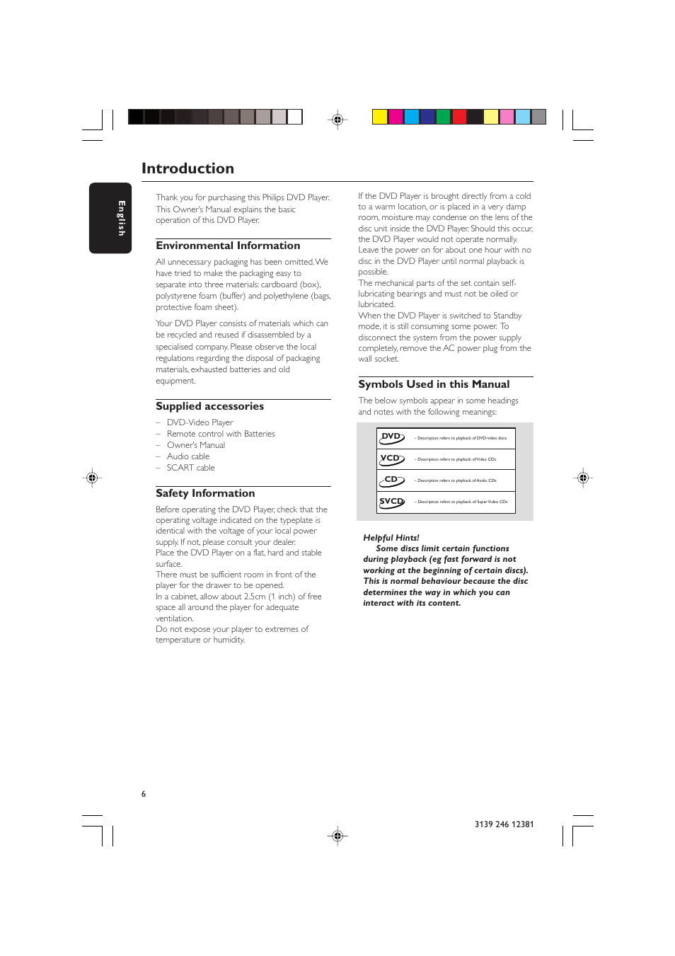 Introduction, Environmental information, Supplied accessories | Safety information, Symbols used in this manual | Philips DVD 728 User Manual | Page 6 / 30