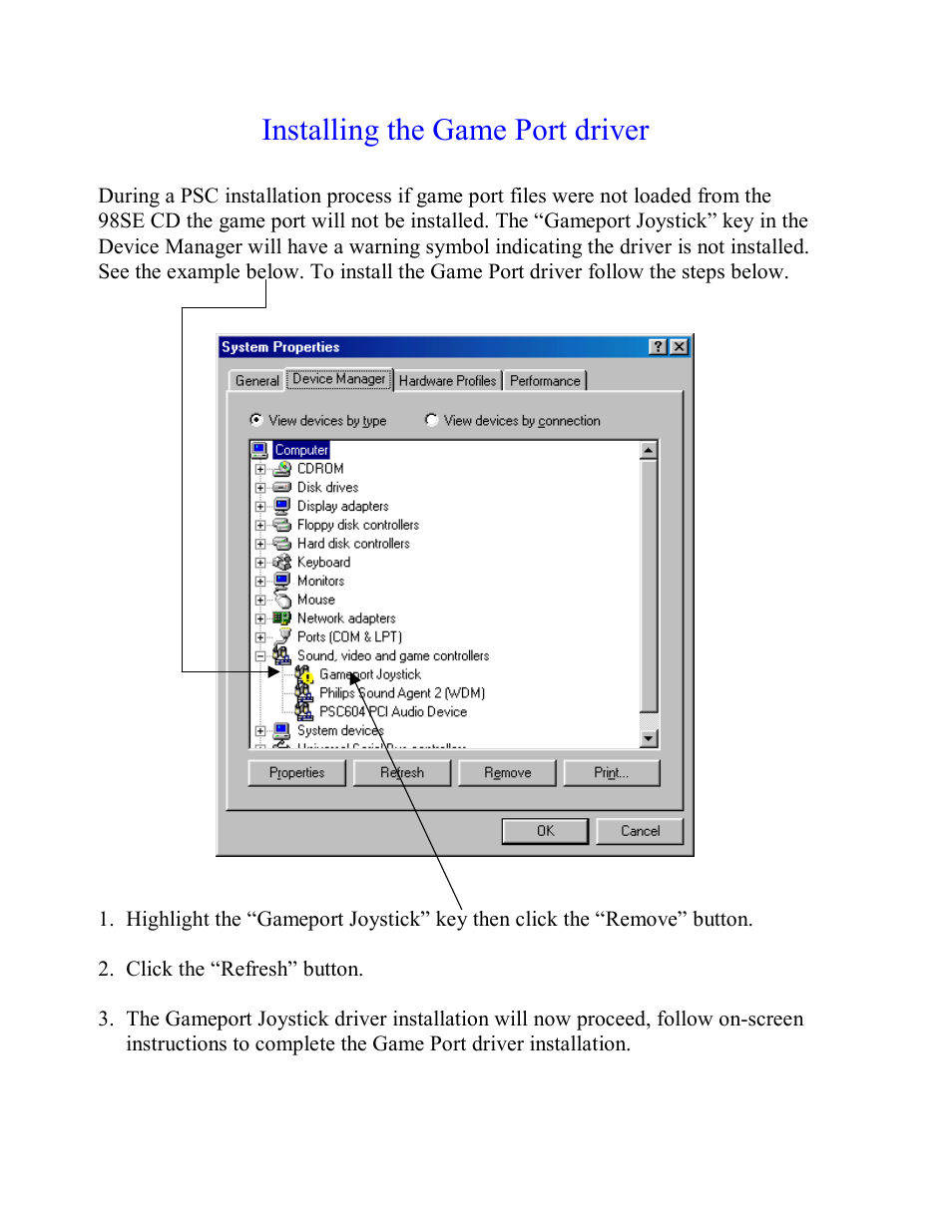 Installing the game port driver | Philips PSC 605 User Manual | Page 8 / 10