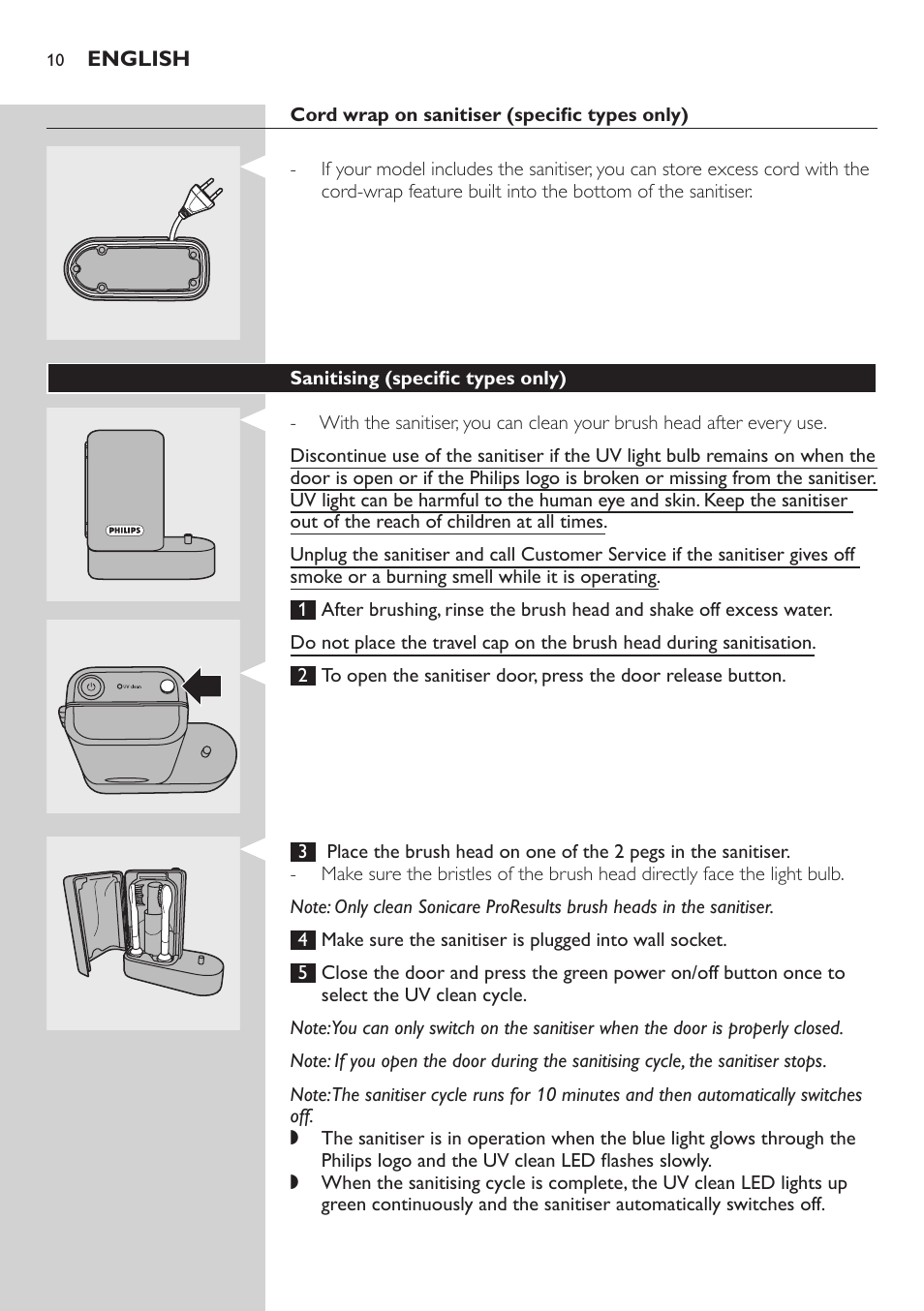 Cord wrap on sanitiser (specific types only), Sanitising (specific types only) | Philips FlexCare HX6942 User Manual | Page 10 / 52