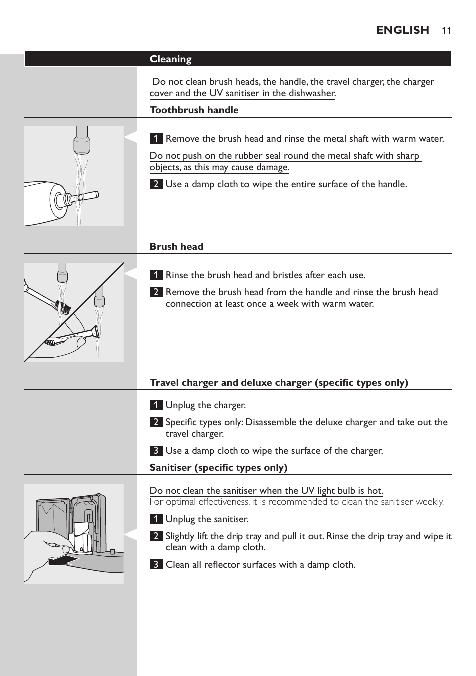 Cleaning, Toothbrush handle, Brush head | Sanitiser (specific types only) | Philips FlexCare HX6942 User Manual | Page 11 / 52