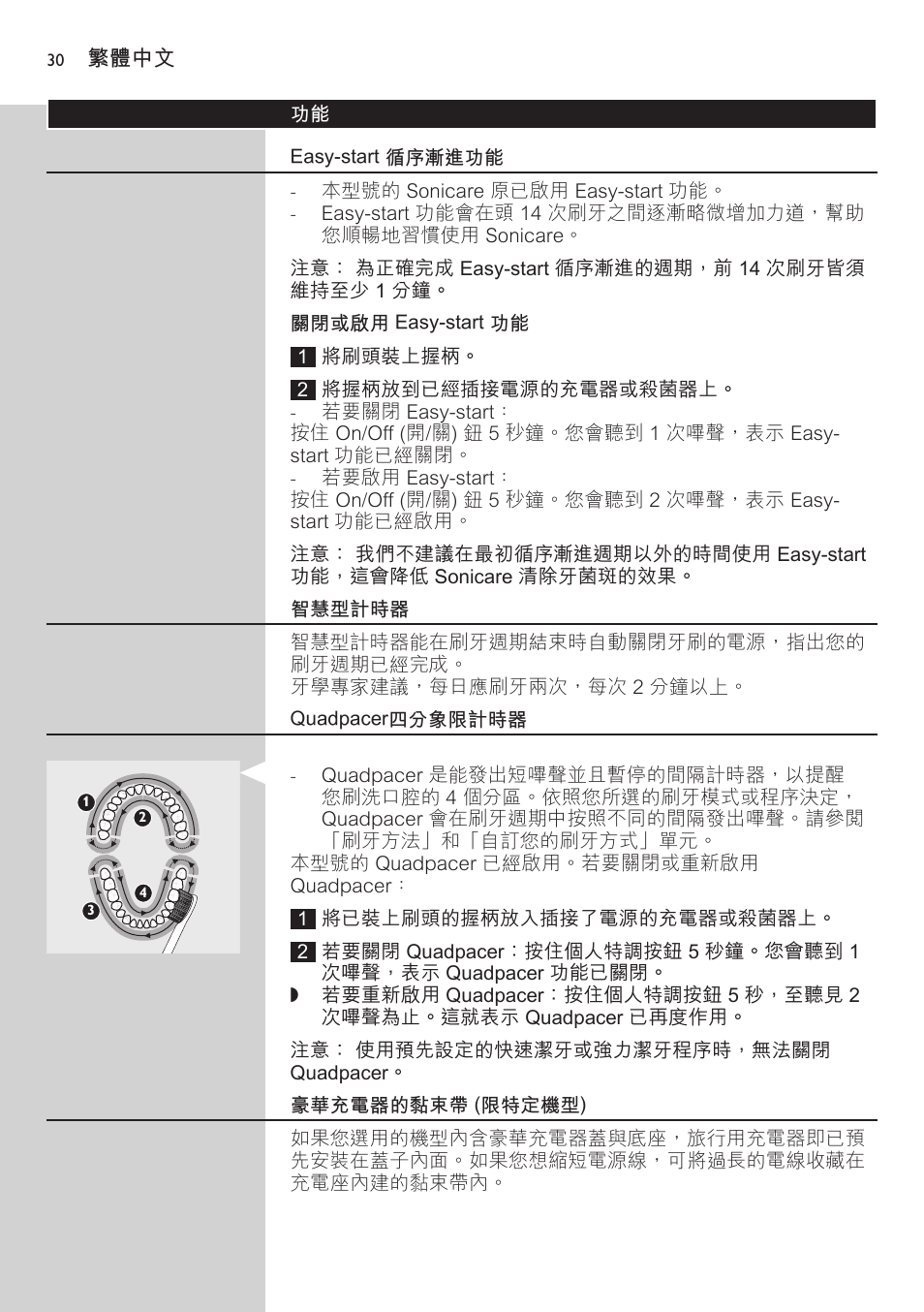 Easy-start 循序漸進功能, 關閉或啟用 easy-start 功能, 智慧型計時器 | Quadpacer四分象限計時器, 豪華充電器的黏束帶 (限特定機型) | Philips FlexCare HX6942 User Manual | Page 30 / 52