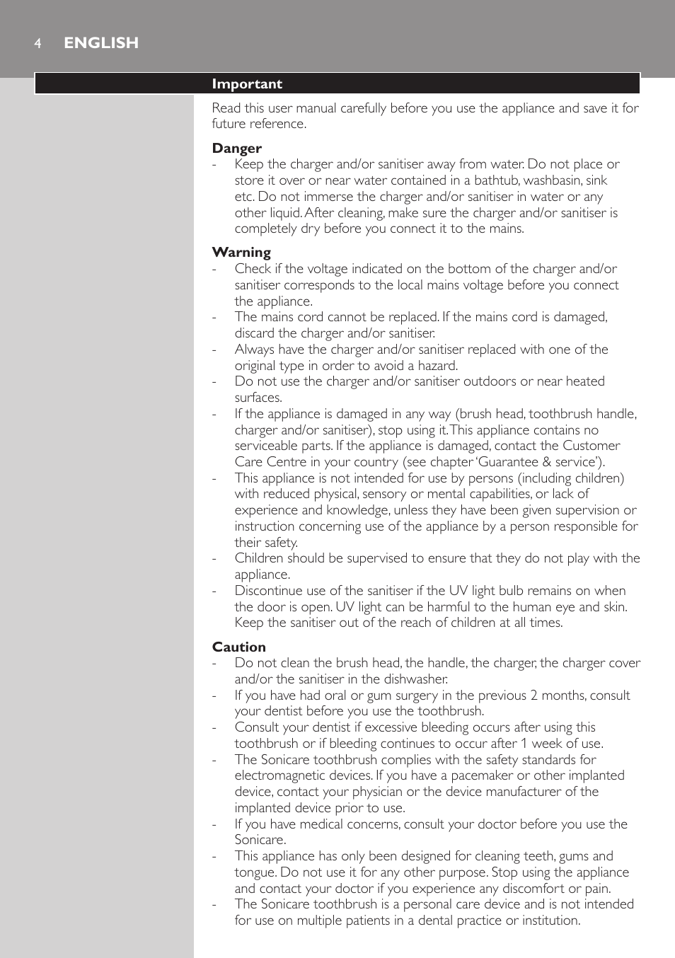 English, Important, Danger | Warning, Caution | Philips FlexCare HX6942 User Manual | Page 4 / 52
