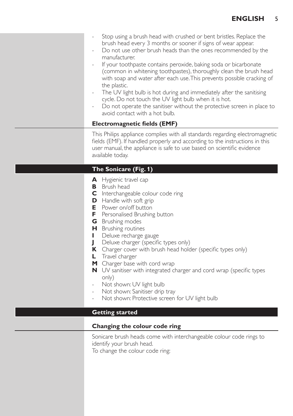 Electromagnetic fields (emf), The sonicare (fig. 1), Getting started | Changing the colour code ring | Philips FlexCare HX6942 User Manual | Page 5 / 52