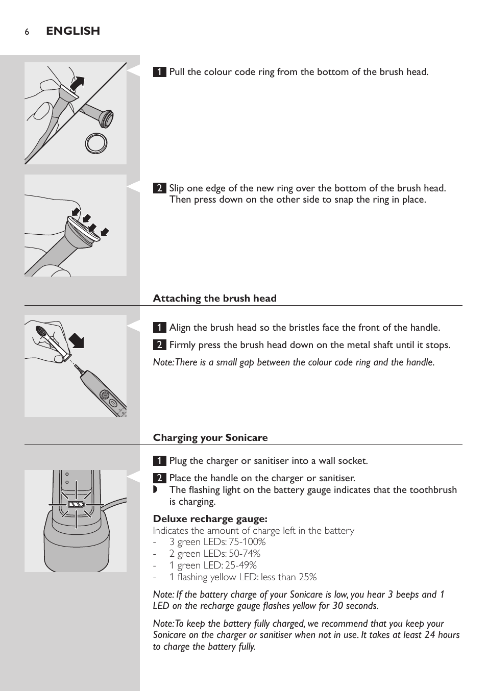 Attaching the brush head, Charging your sonicare, Deluxe recharge gauge | English | Philips FlexCare HX6942 User Manual | Page 6 / 52