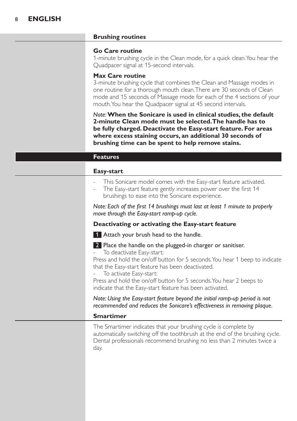 Brushing routines, Go care routine, Max care routine | Features, Easy-start, Deactivating or activating the easy-start feature, Smartimer | Philips FlexCare HX6942 User Manual | Page 8 / 52