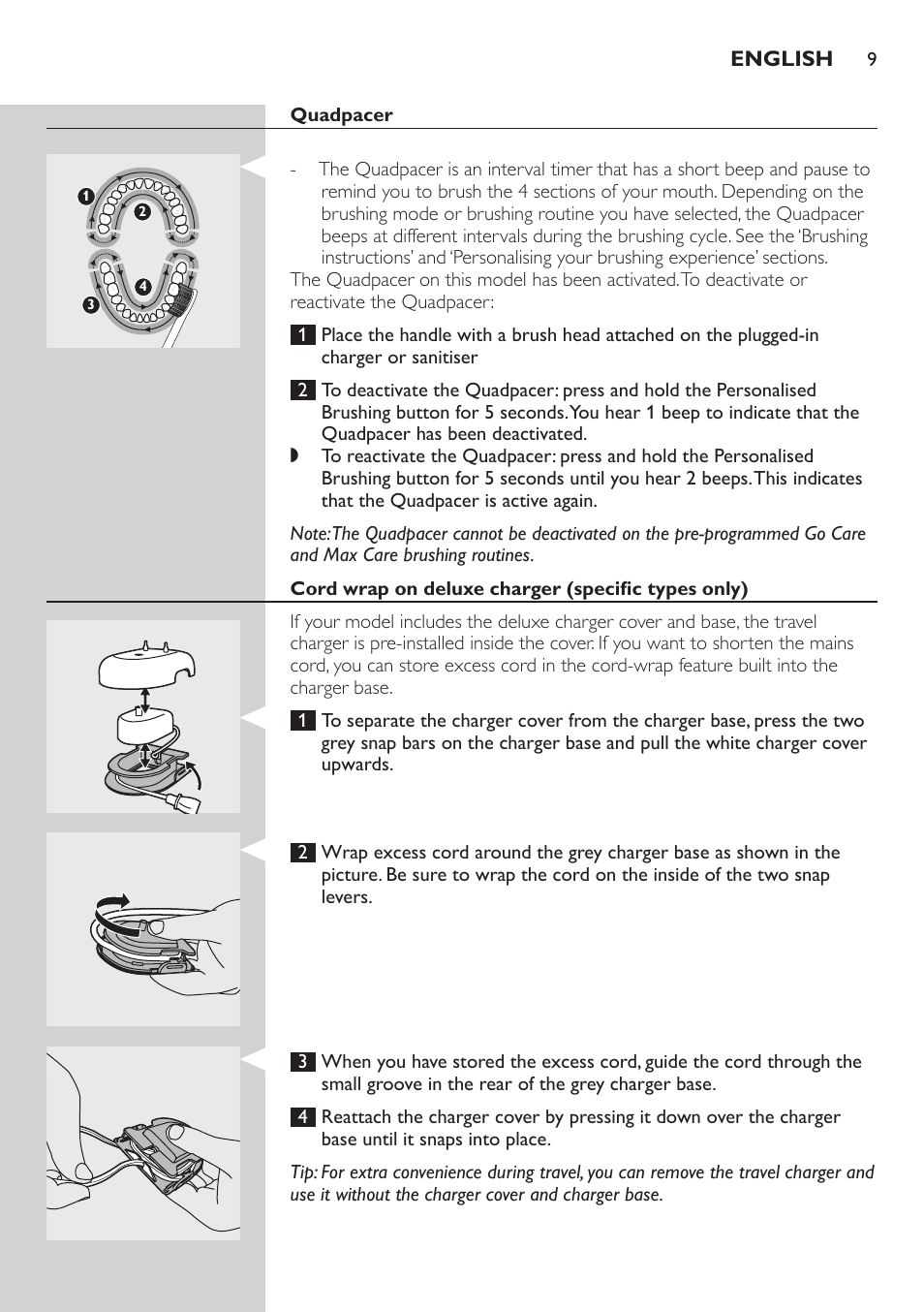 Quadpacer, Cord wrap on deluxe charger (specific types only) | Philips FlexCare HX6942 User Manual | Page 9 / 52