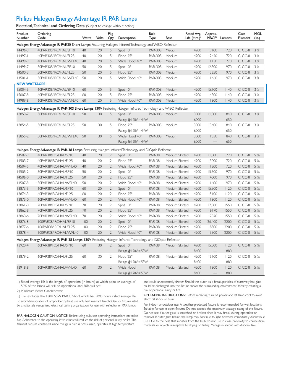Philips halogen energy advantage ir par lamps, Electrical,technical and ordering data | Philips P-5761-D User Manual | Page 2 / 4