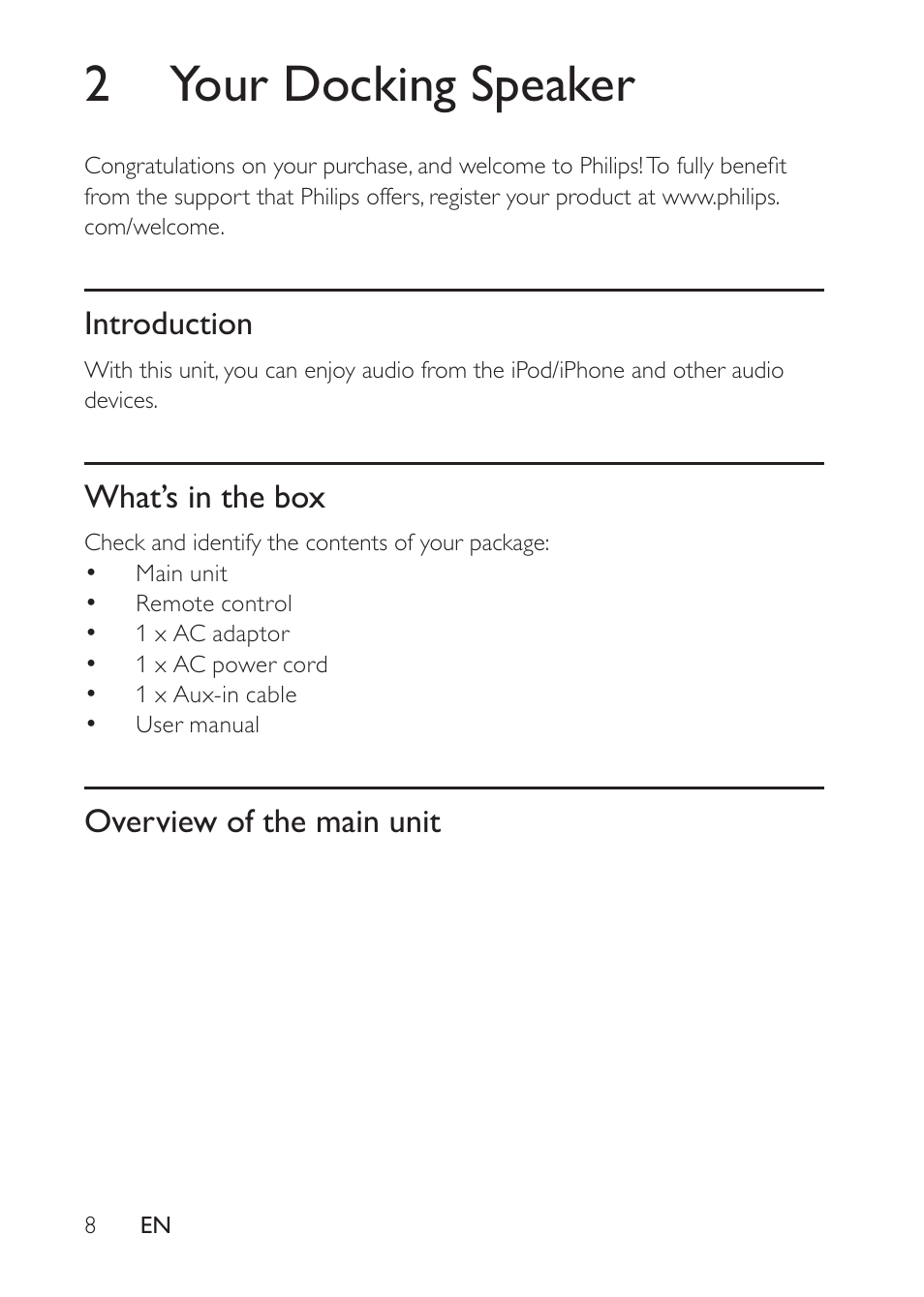 2your docking speaker, Introduction, What’s in the box | Overview of the main unit | Philips DS8500/12 User Manual | Page 7 / 20