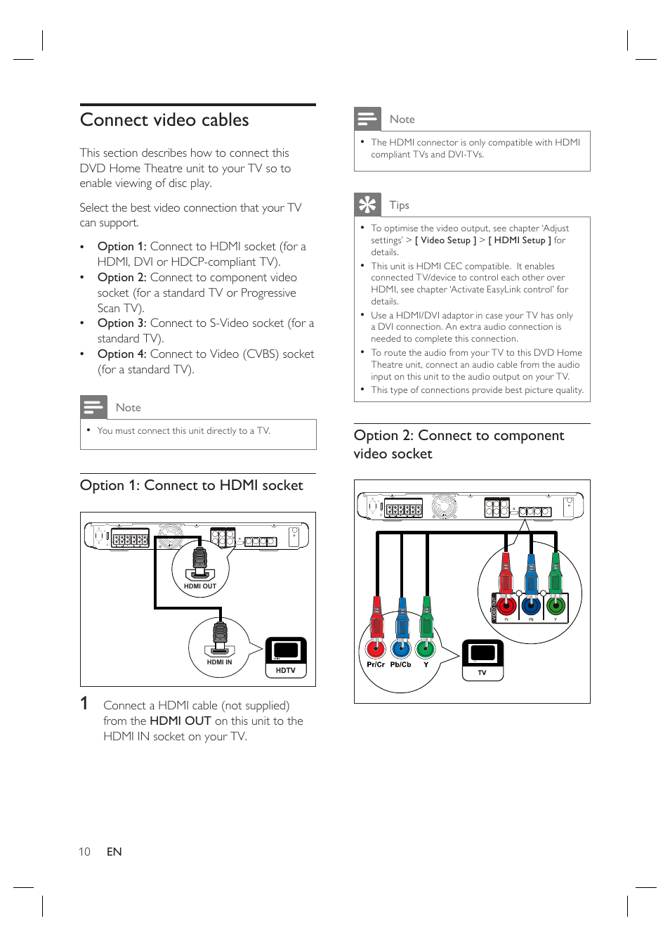 Connect video cables, Option 1: connect to hdmi socket, Option 2: connect to component video socket | Philips HTS3568 User Manual | Page 10 / 46