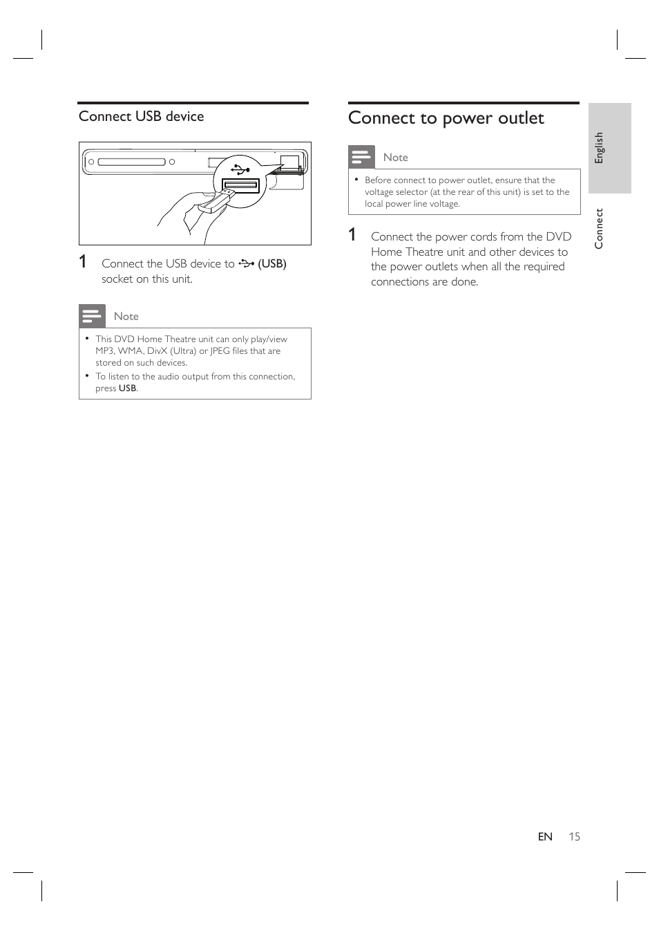 Connect to power outlet, Connect usb device | Philips HTS3568 User Manual | Page 15 / 46