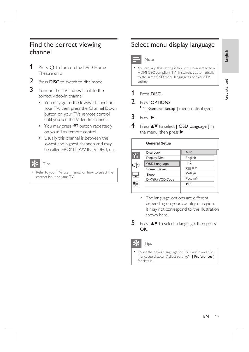 Find the correct viewing channel 1, Select menu display language | Philips HTS3568 User Manual | Page 17 / 46