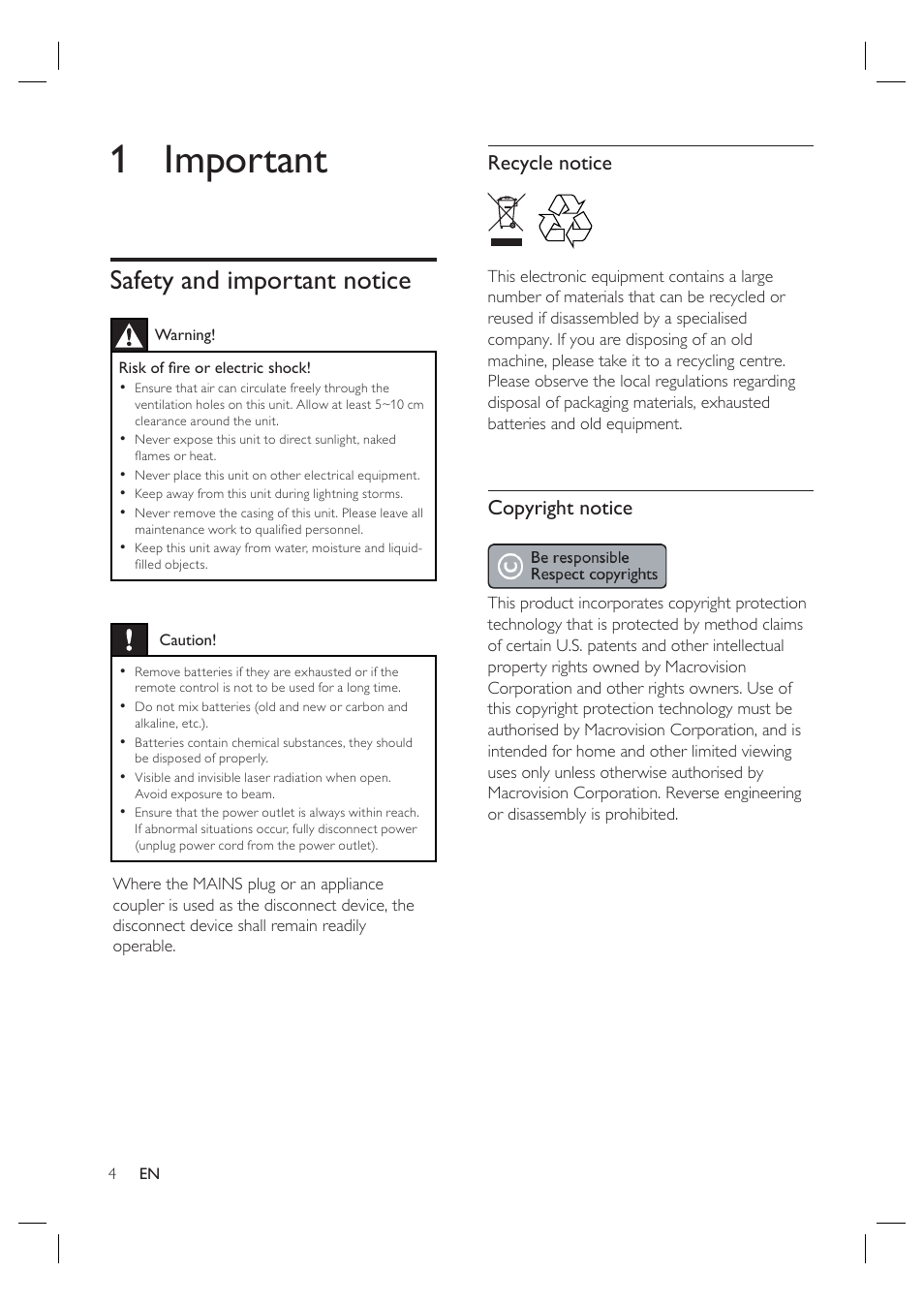 1 important, Safety and important notice, Recycle notice | Copyright notice | Philips HTS3568 User Manual | Page 4 / 46