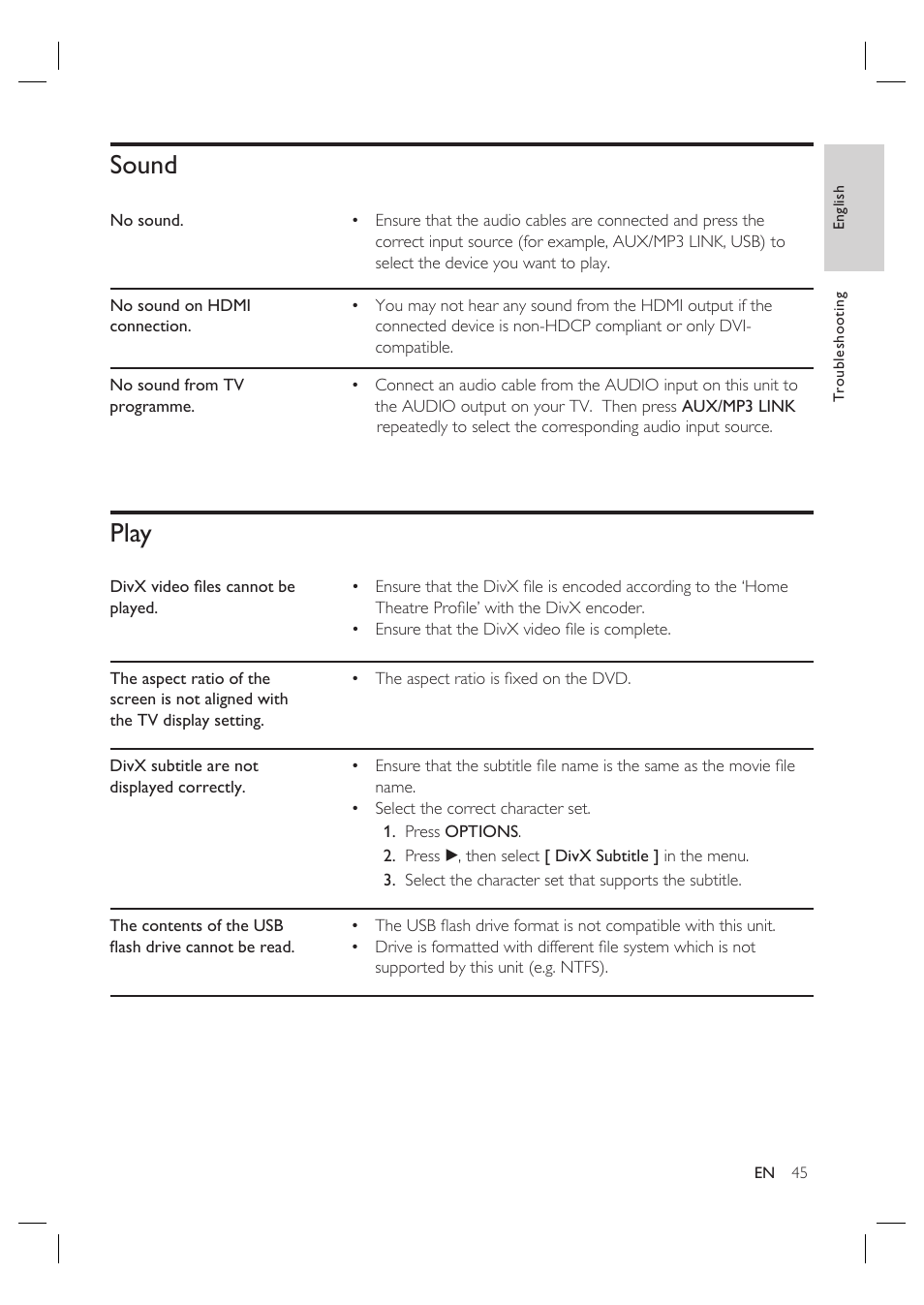 Sound, Play | Philips HTS3568 User Manual | Page 45 / 46