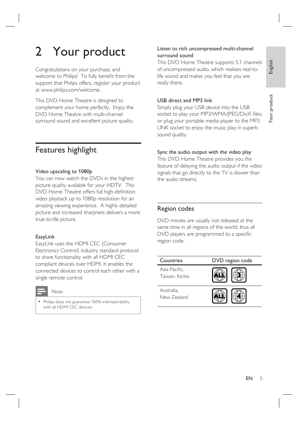 2 your product, Features highlight | Philips HTS3568 User Manual | Page 5 / 46