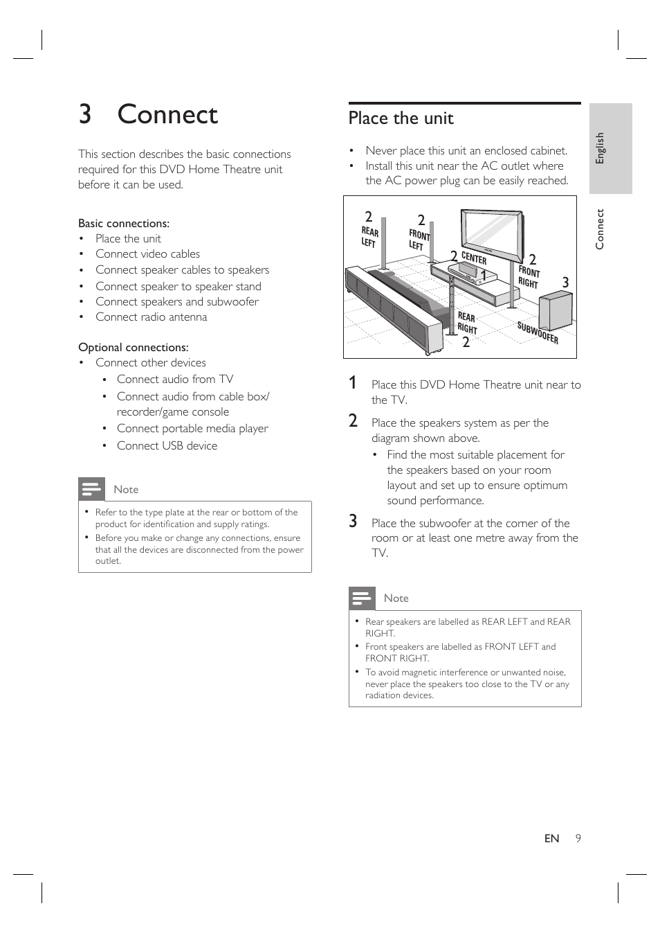 3 connect, Place the unit | Philips HTS3568 User Manual | Page 9 / 46