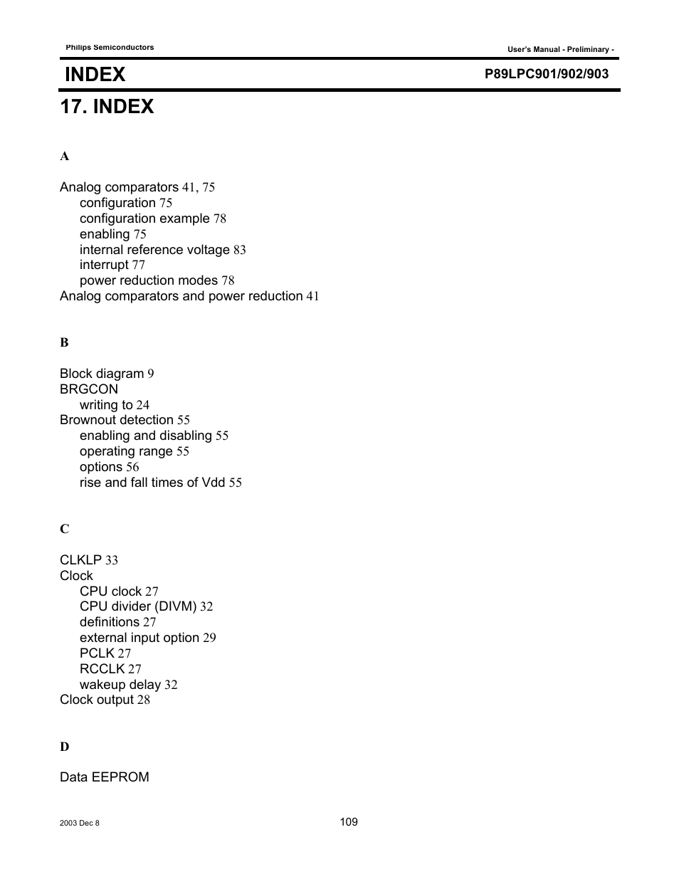 Index | Philips P89LPC903 User Manual | Page 109 / 114