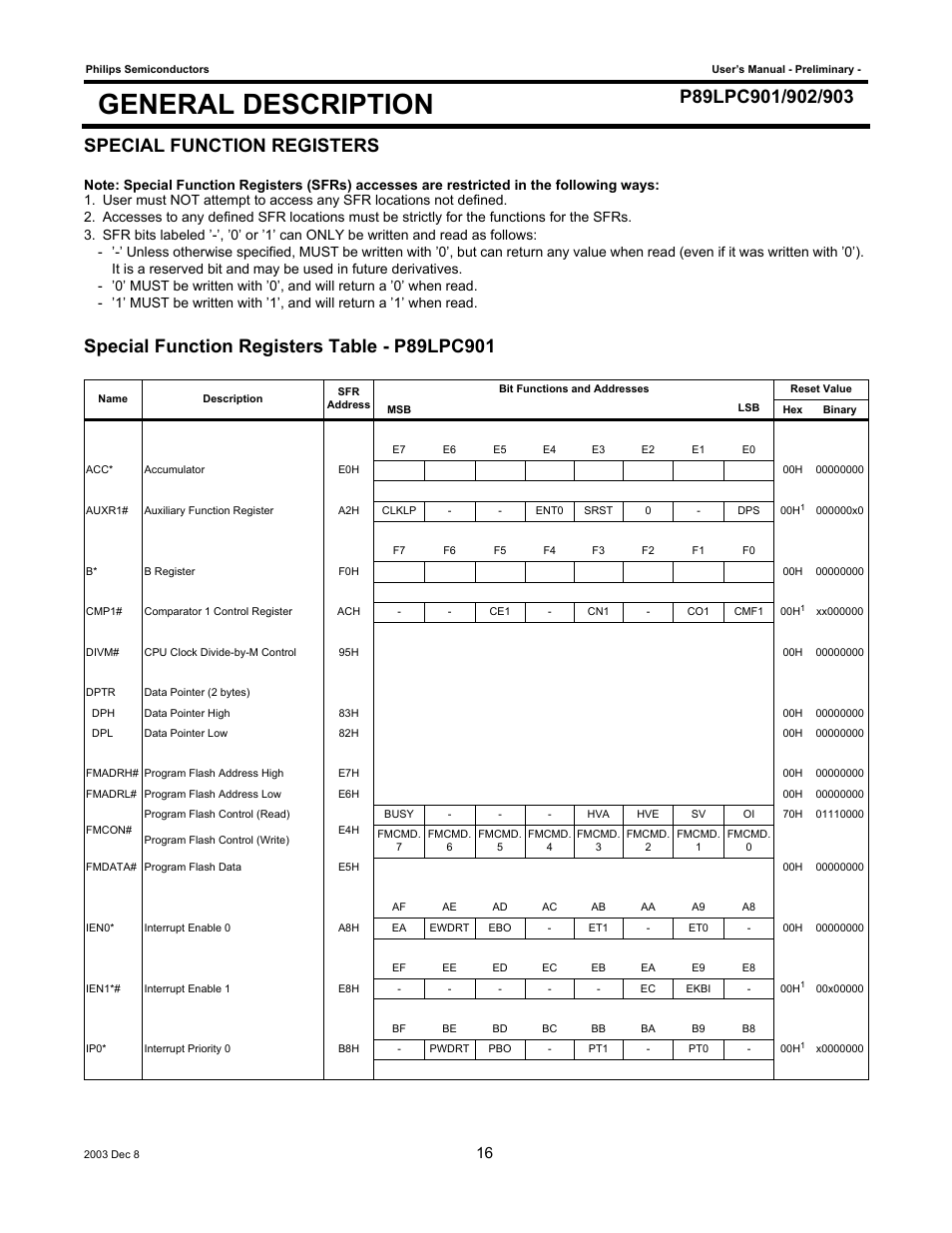 General description, Special function registers | Philips P89LPC903 User Manual | Page 16 / 114