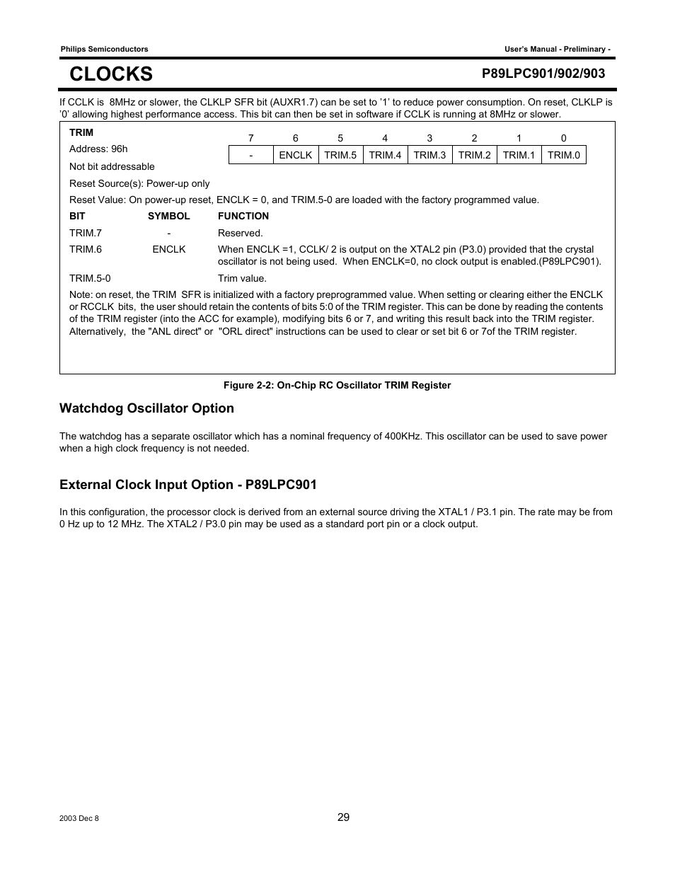 Clocks, Watchdog oscillator option | Philips P89LPC903 User Manual | Page 29 / 114