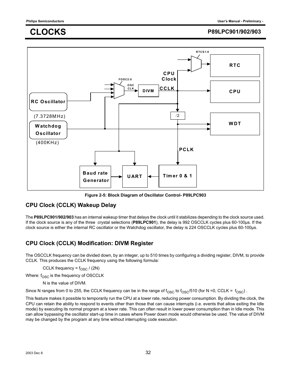 Clocks, Cpu clock (cclk) wakeup delay, Cpu clock (cclk) modification: divm register | Philips P89LPC903 User Manual | Page 32 / 114