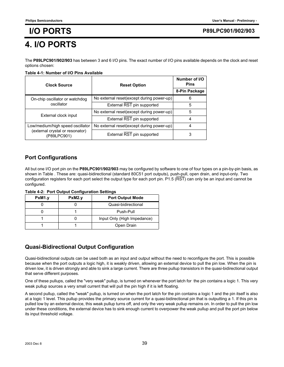 I/o ports, Port configurations, Quasi-bidirectional output configuration | Philips P89LPC903 User Manual | Page 39 / 114