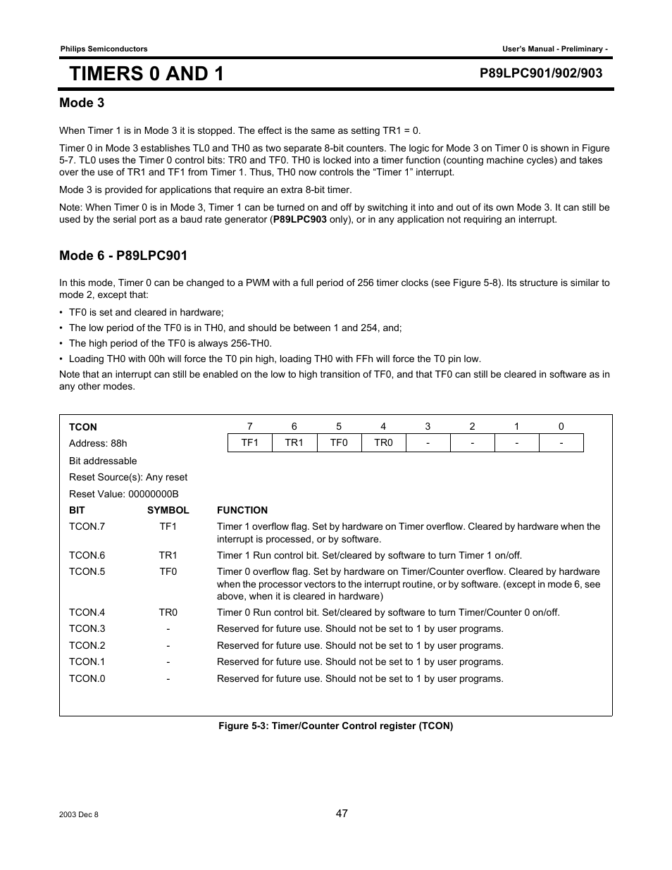 Timers 0 and 1, Mode 3 | Philips P89LPC903 User Manual | Page 47 / 114