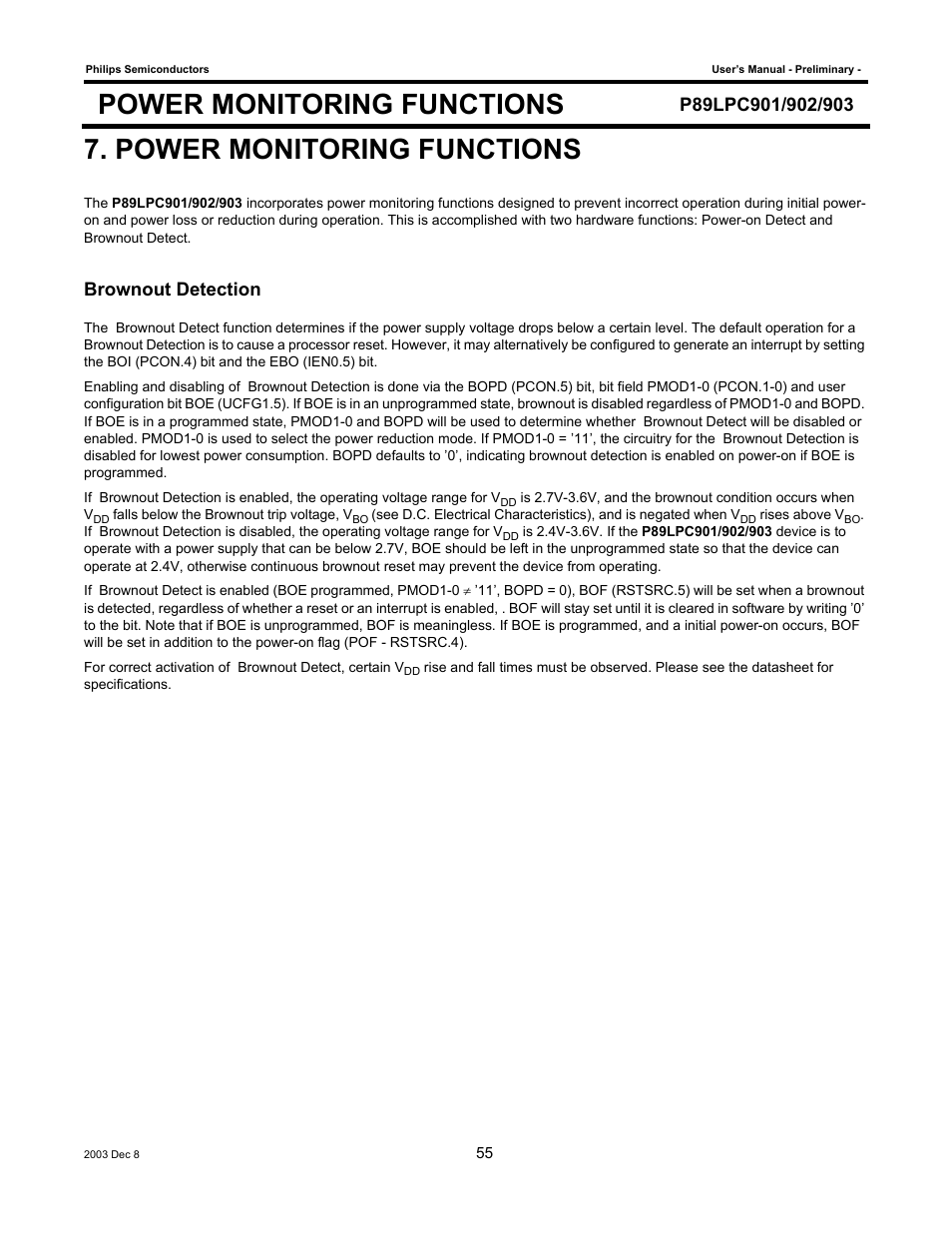 Power monitoring functions, Brownout detection | Philips P89LPC903 User Manual | Page 55 / 114