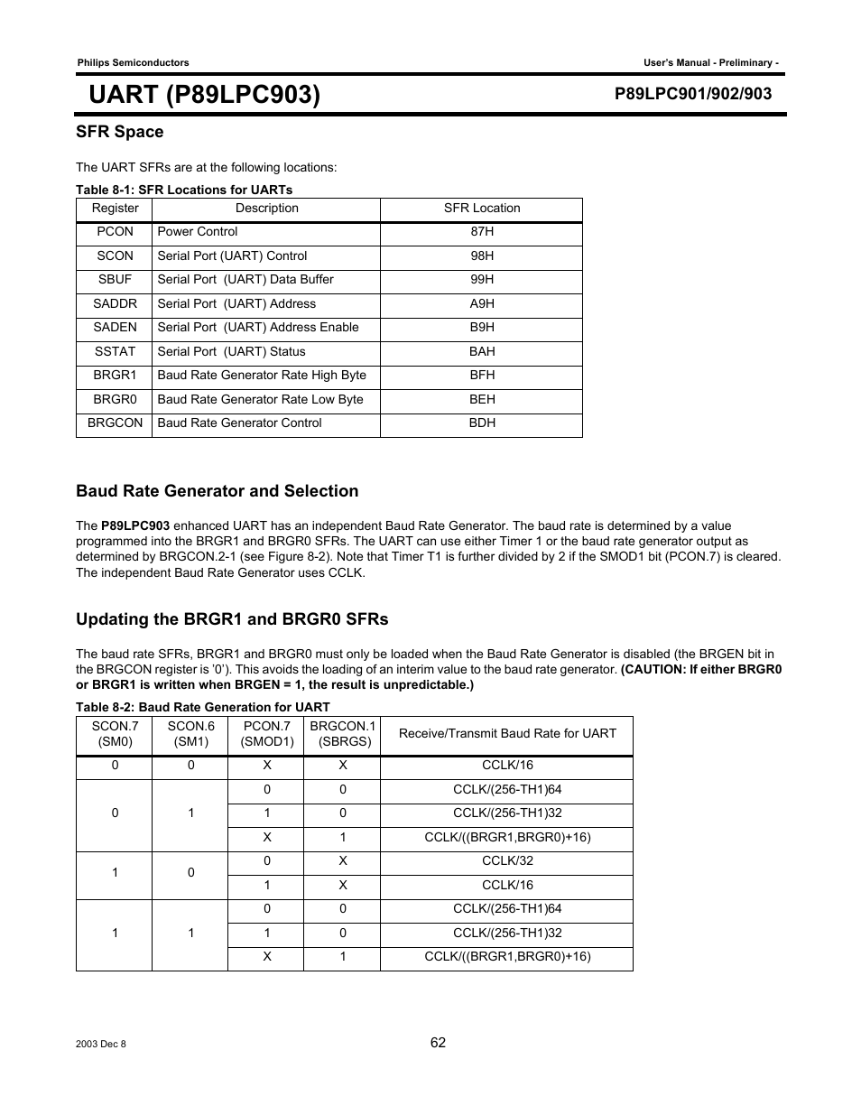 Sfr space, Baud rate generator and selection, Updating the brgr1 and brgr0 sfrs | Philips P89LPC903 User Manual | Page 62 / 114
