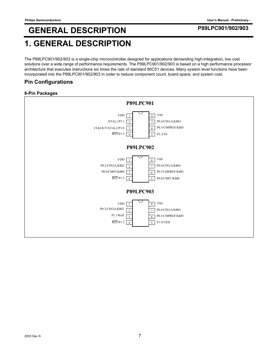 General description, Pin configurations, Pin packages | Philips P89LPC903 User Manual | Page 7 / 114