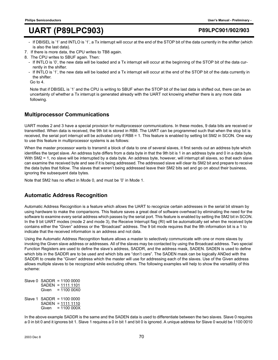 Multiprocessor communications, Automatic address recognition | Philips P89LPC903 User Manual | Page 70 / 114