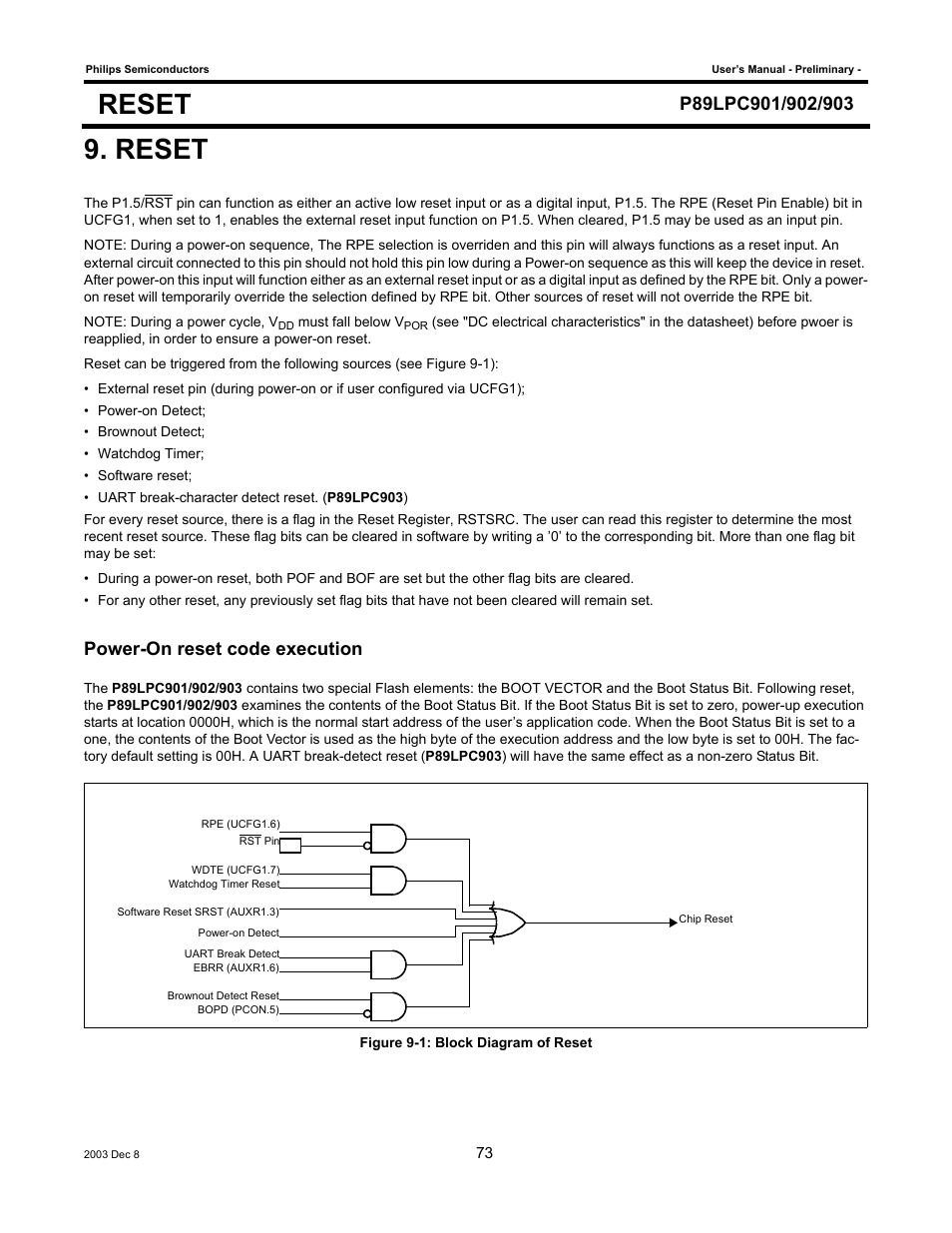 Reset, Power-on reset code execution | Philips P89LPC903 User Manual | Page 73 / 114